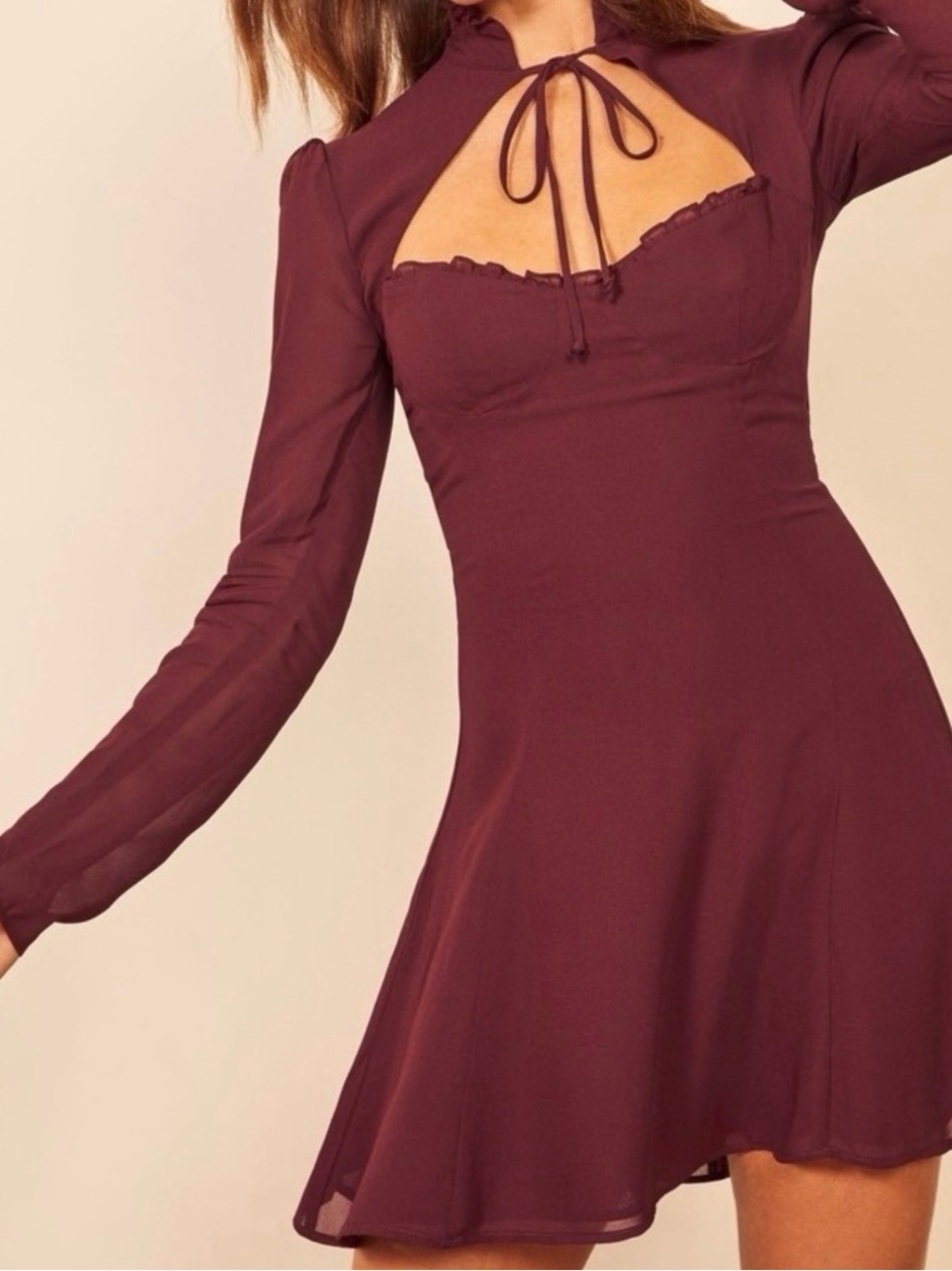 Reformation Maroon Long-Sleeve Tie-Neck Fit & Flare Dress